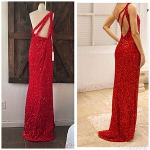 Wedding dress RED FULL SEQUIN LONG DRESS high slit strappy back one shoulder